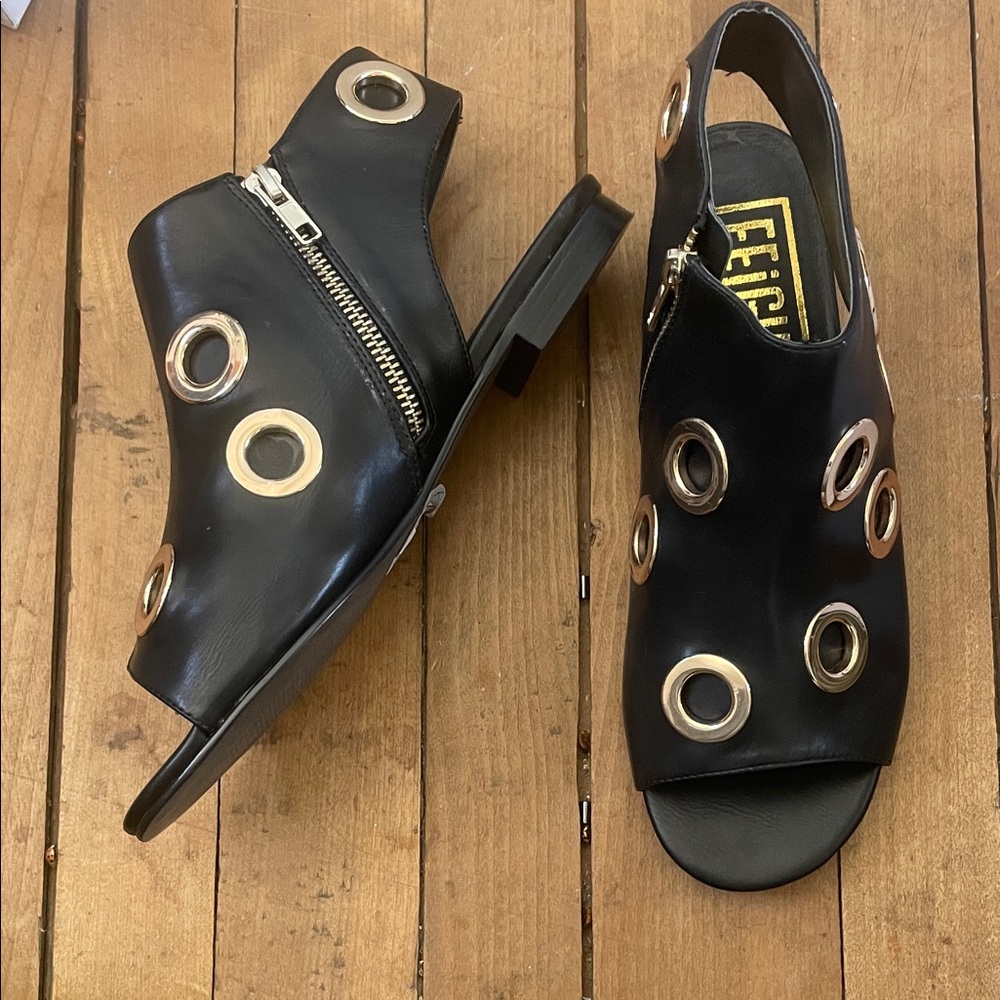 New Black with gold shiny grommets non leather sandals